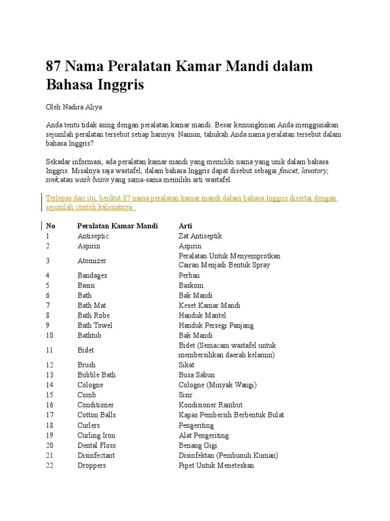 87 Nama Peralatan Kamar Mandi Dalam Bahasa Inggris | PDF