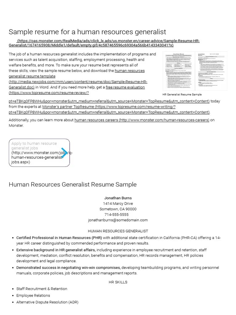 HR Generalist Resume Sample _ Monster Human Resource Management