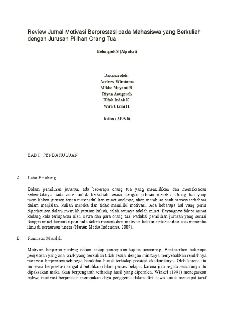 Review Jurnal Motivasi Berprestasi Pada Mahasiswa Yang Berkuliah Dengan