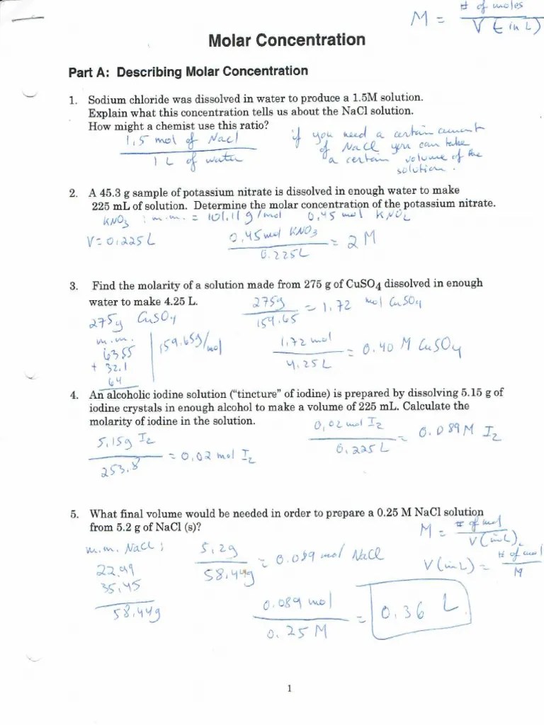 molar concentration worksheet