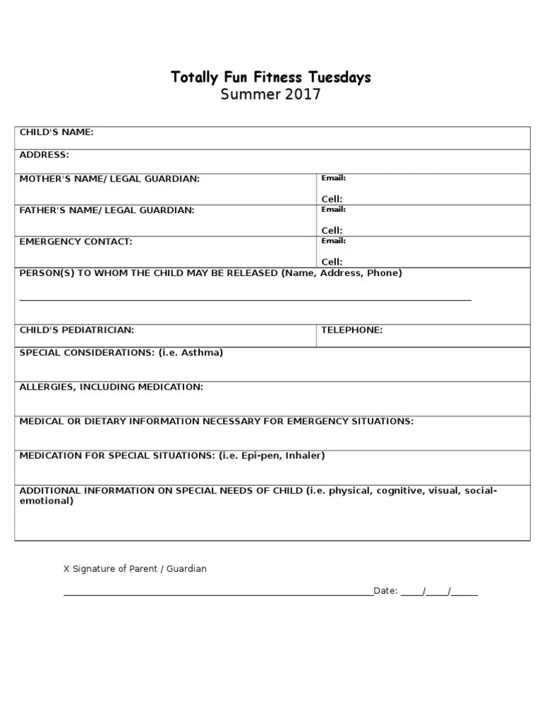 TFFT Release Form and Waiver 2017 Legal Guardian Physical Exercise