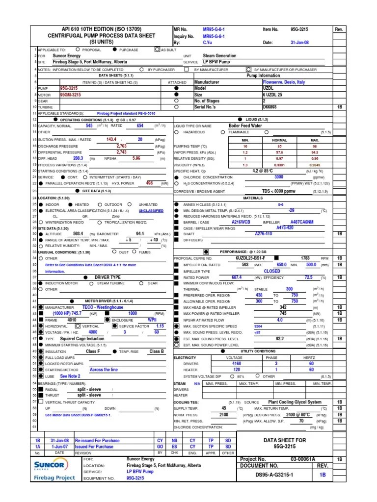 API 610 10th Edition (Iso 13709) Pump Datasheet Pump Mechanical Engineering