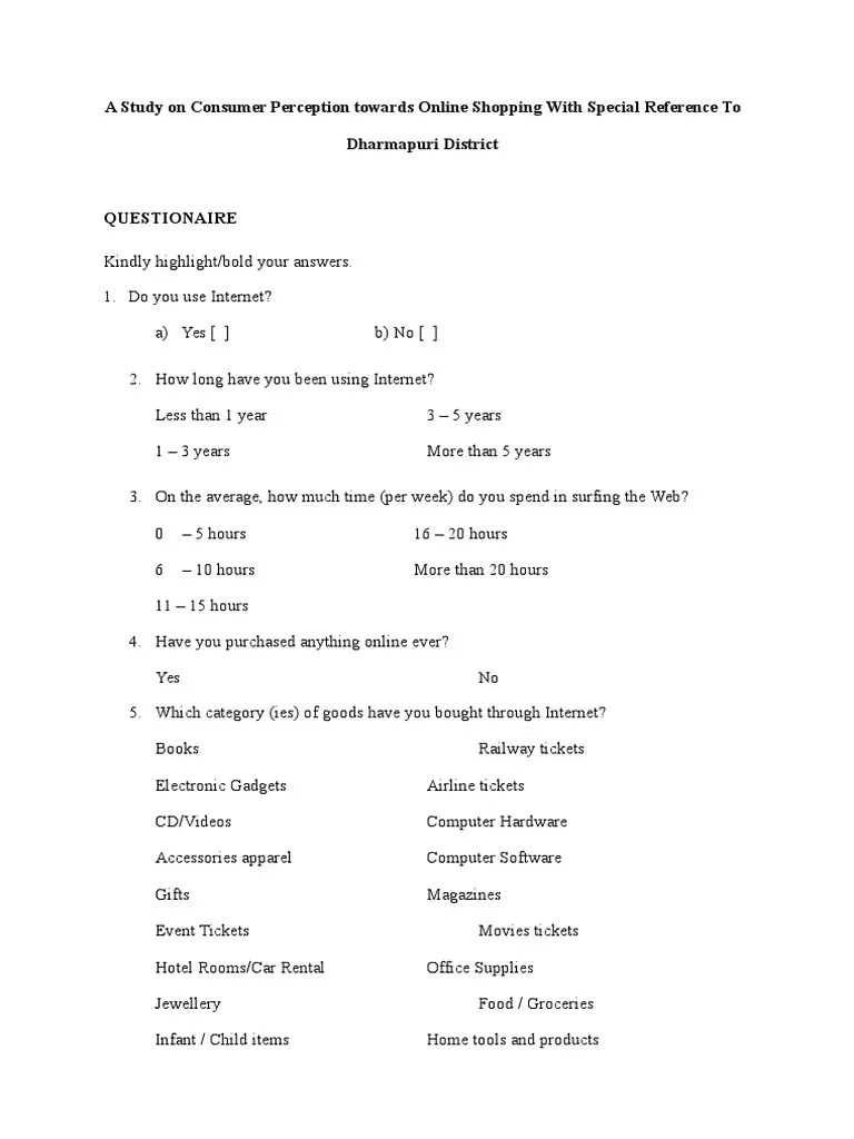 Questionnaire Consumer Perception On Online Shopping Online Shopping