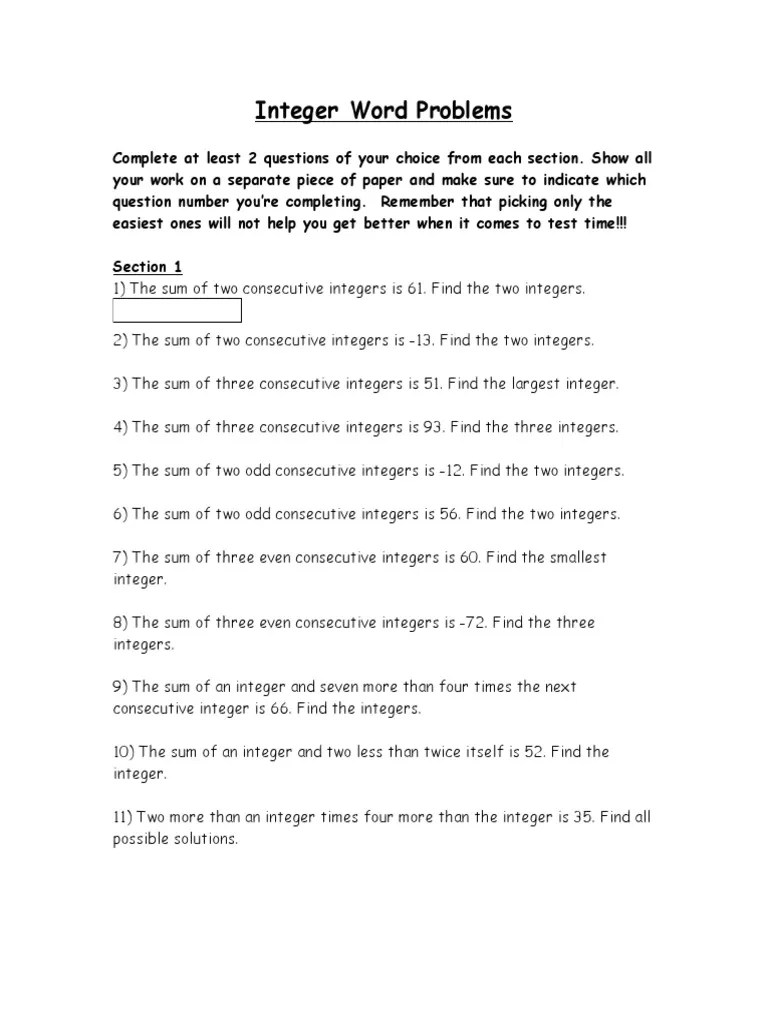 Integer Word Problems (1) Area Mathematics