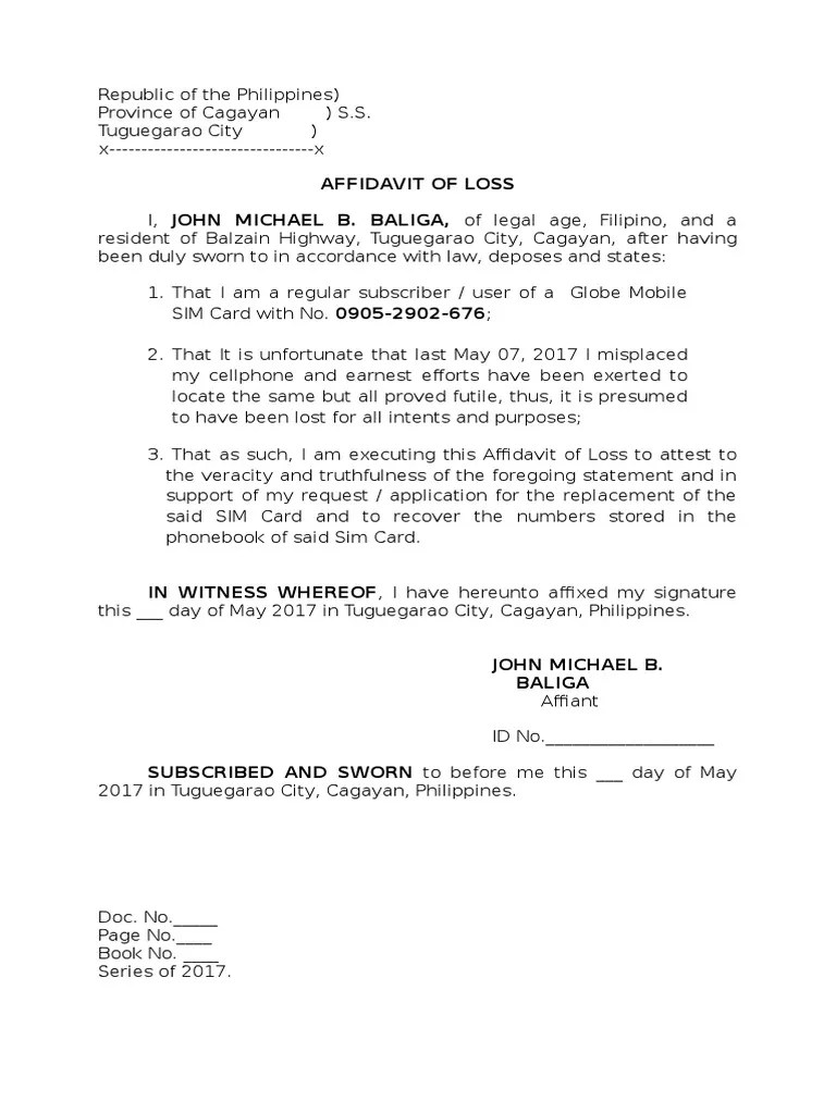 Affidavit of Loss Sim Card