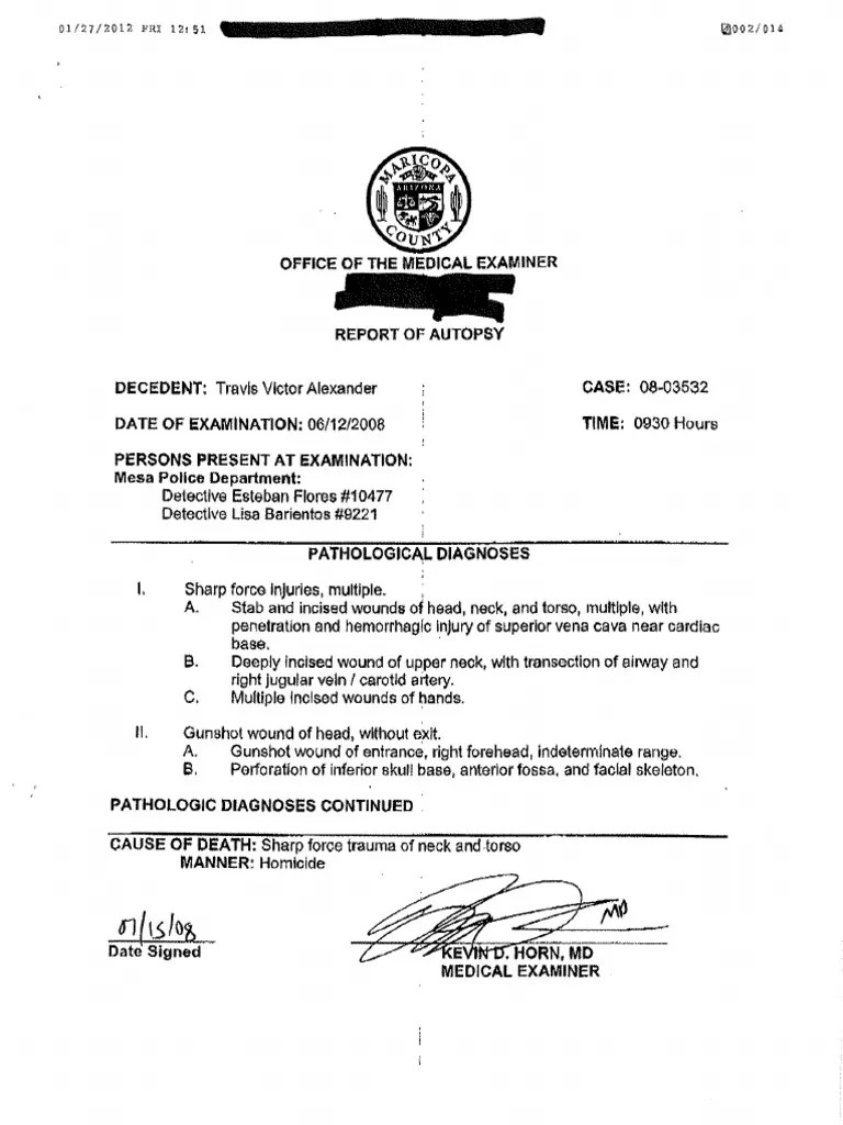 Jodi Arias Trial Travis Alexander Autopsy PDF