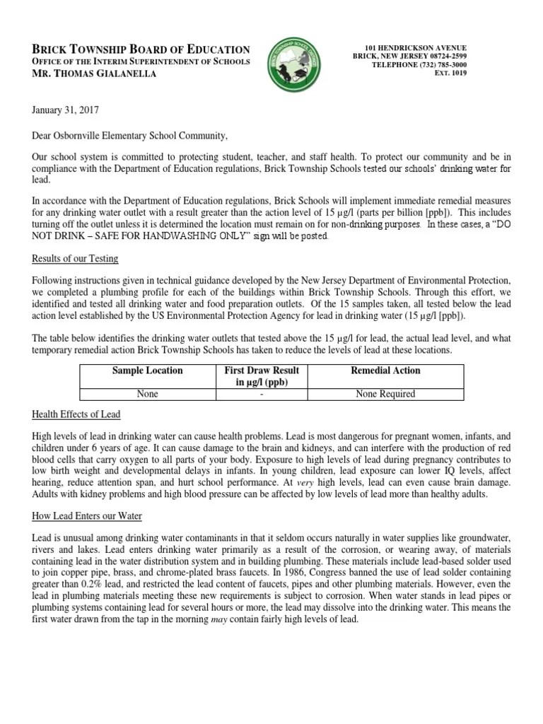 Osbornville Lead Testing Results Letter February 2017 Lead Drinking