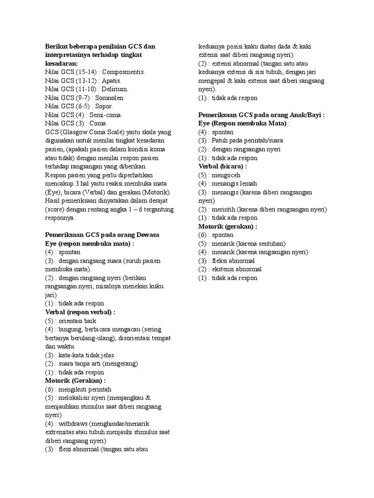 Berikut Beberapa Penilaian GCS Dan Interpretasinya Terhadap Tingkat