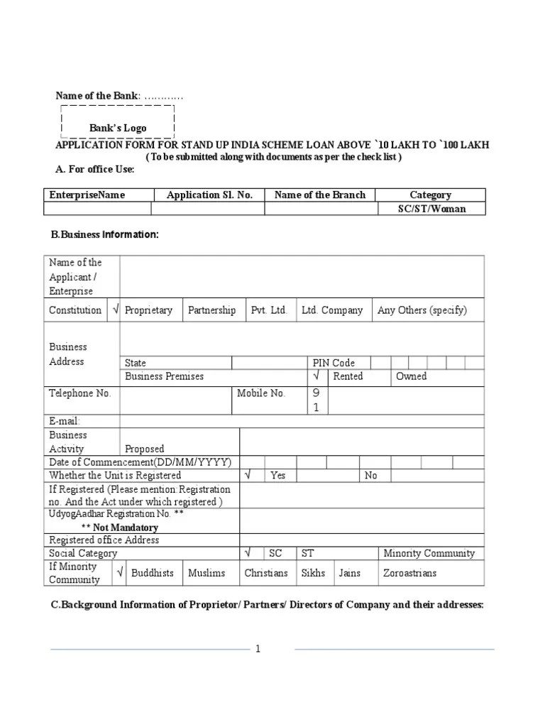 StandUp India Loan Application FormEnglish Credit (Finance