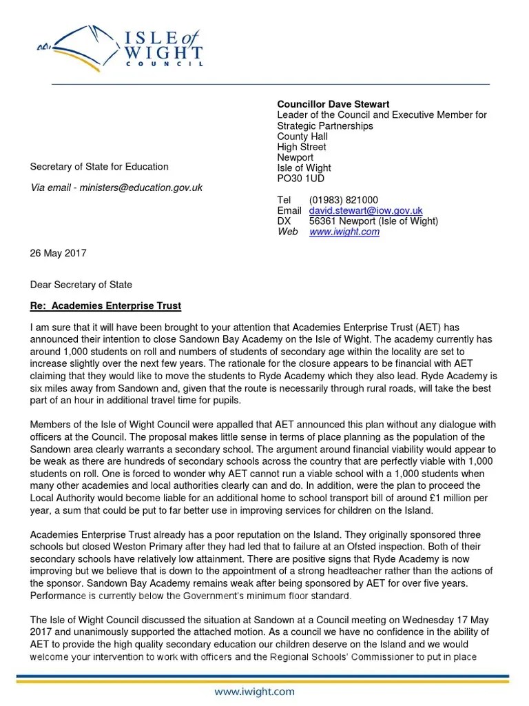 Letter to Secretary of State for Education Academies Enterprise Trust
