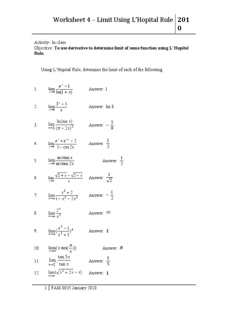 Worksheet 4 L Hopital Rule PDF