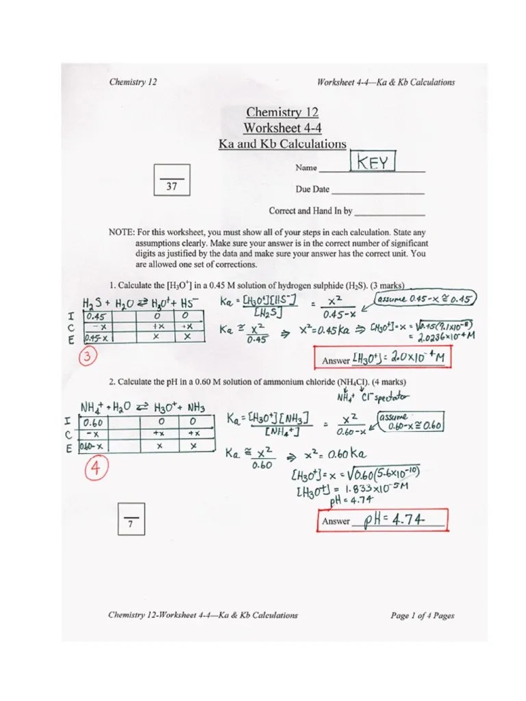 Worksheet4 4 Ka KB Calculations Key PDF PDF