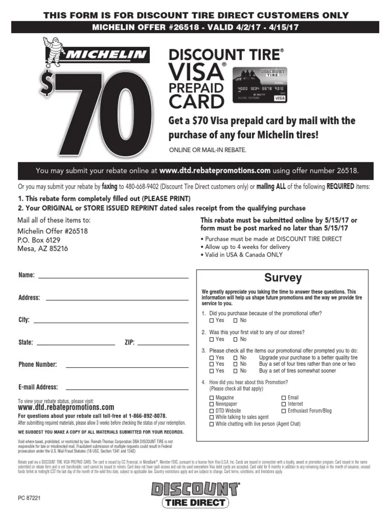 Michelin April 17 Rebate Form Dtd Rebate (Marketing) Debit Card