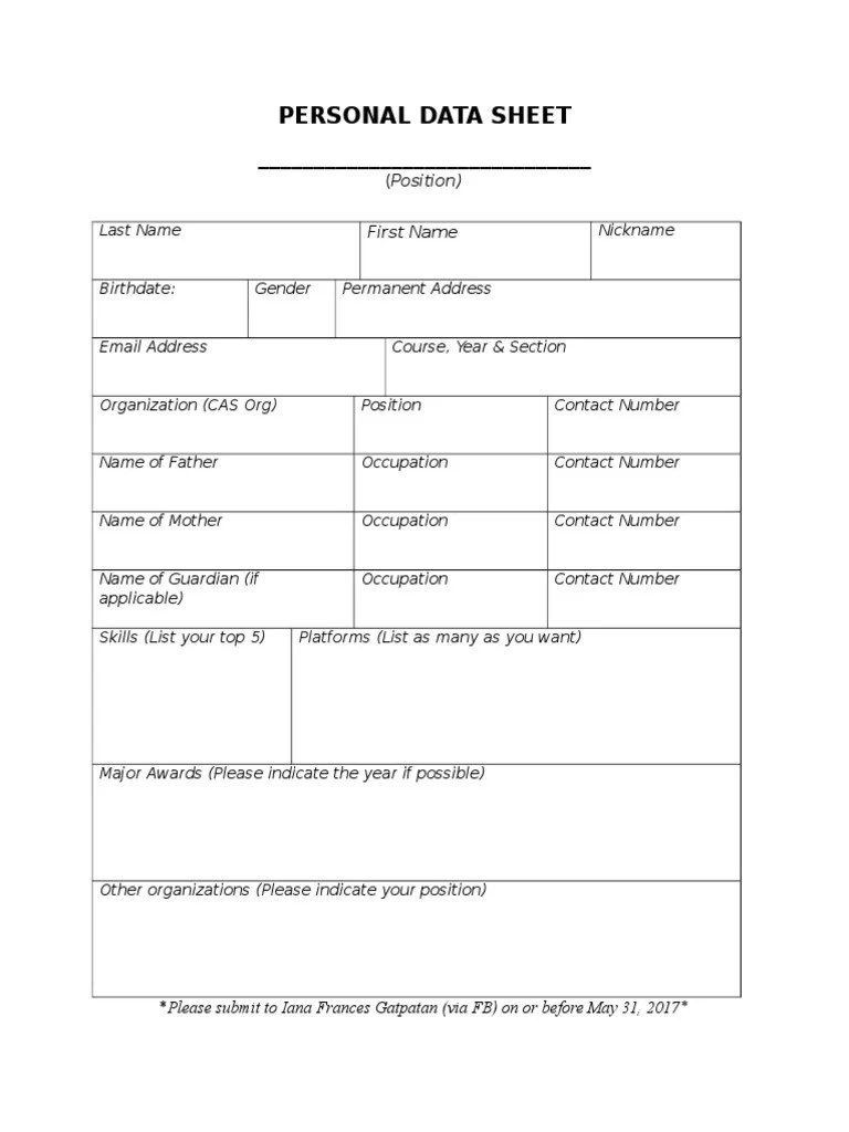 Personal Data Sheet (Position) PDF