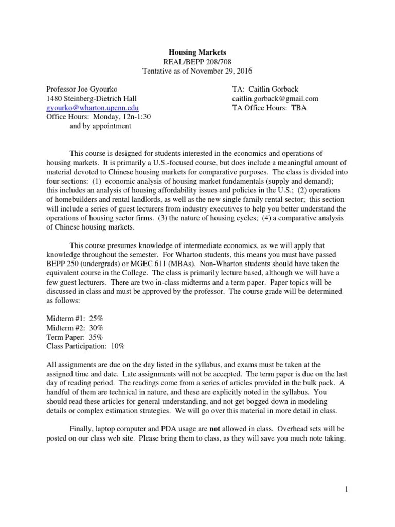 Gyourkowharton Upenn.edu Housing Markets PDF Real Estate