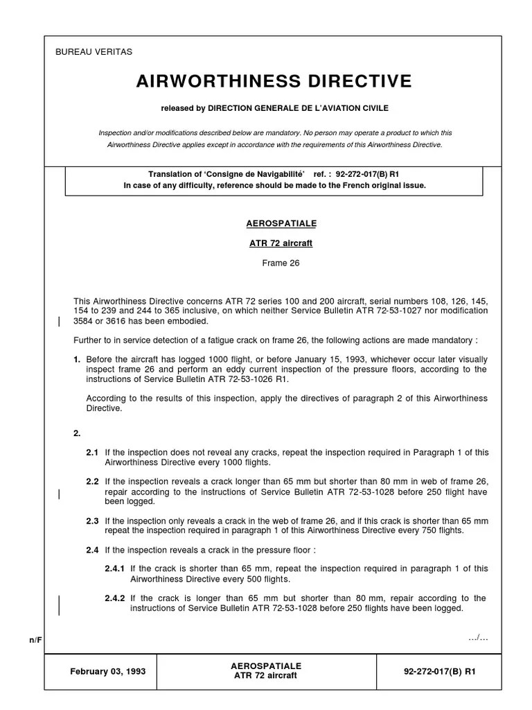 Airworthiness Directive Released by Direction Generale de L'Aviation Civile PDF Aircraft