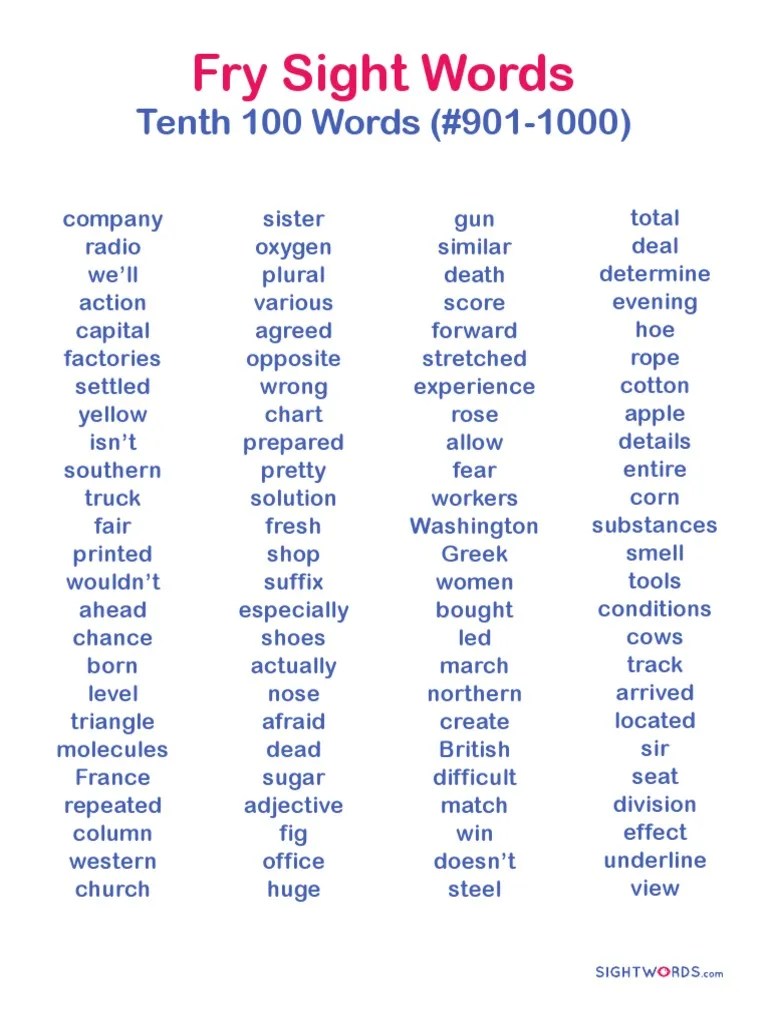 Fry Sight Words Tenth 100 Words Focusing on Common Nouns, Verbs