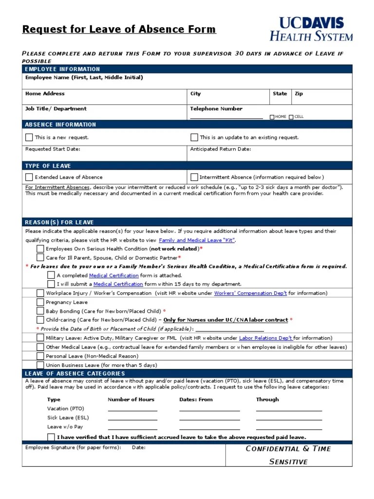 Request for Leave of Absence Form Sick Leave Labor
