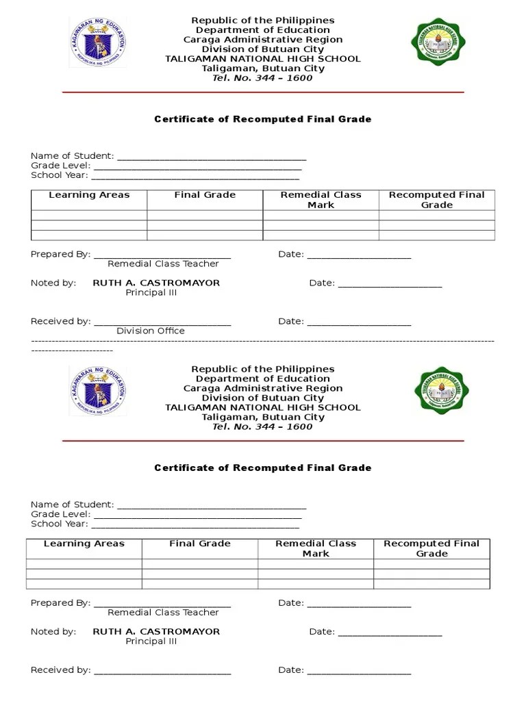 Certificate of Grades Secondary School Educational