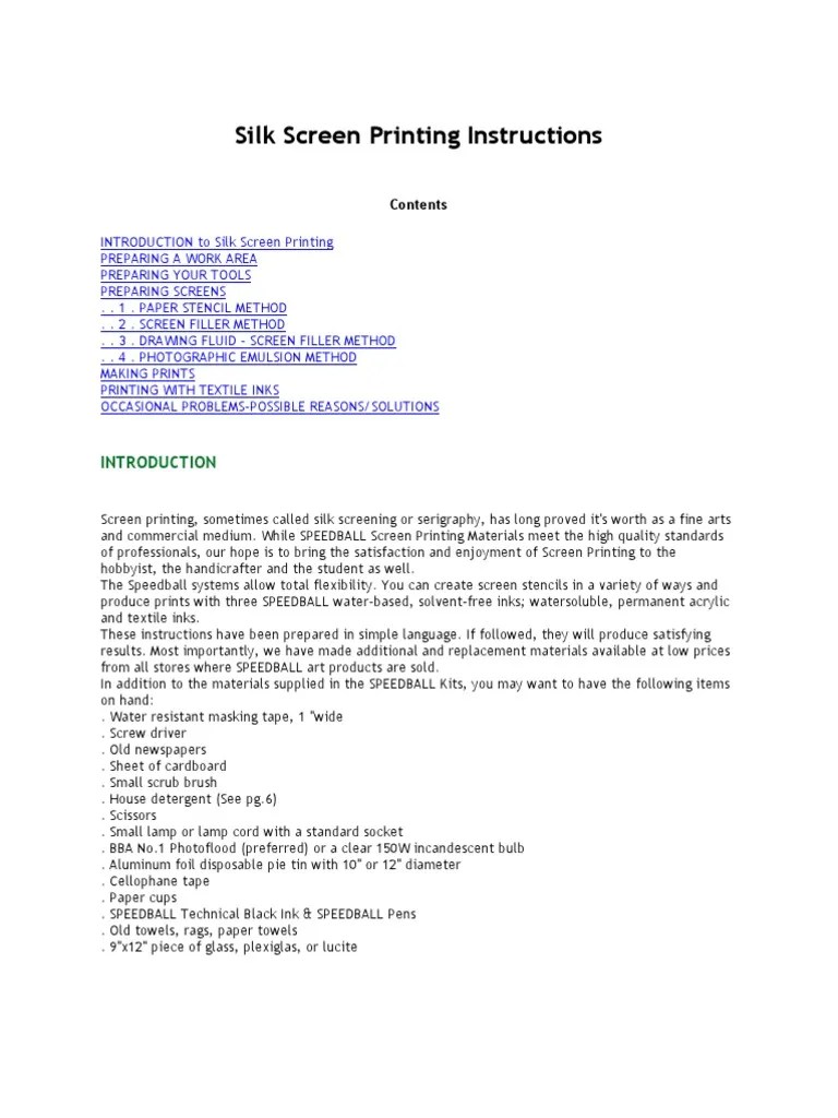 Silk Screen Printing Instructions PDF Acrylic Paint Printmaking