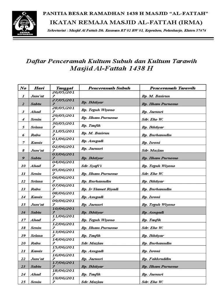 Contoh Jadwal Ceramah Ramadhan | PDF