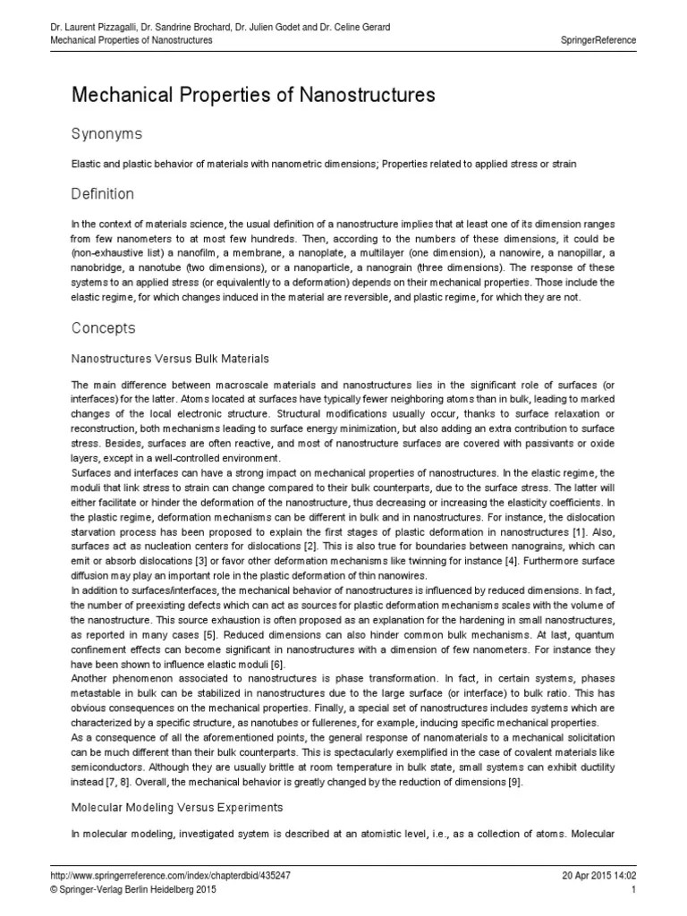 Mechanical Properties of Nanostructures Synonyms PDF Deformation (Engineering) Plasticity