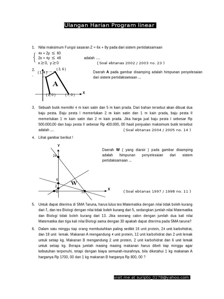 Soal Matematika SMA Ulangan Harian Program Linier