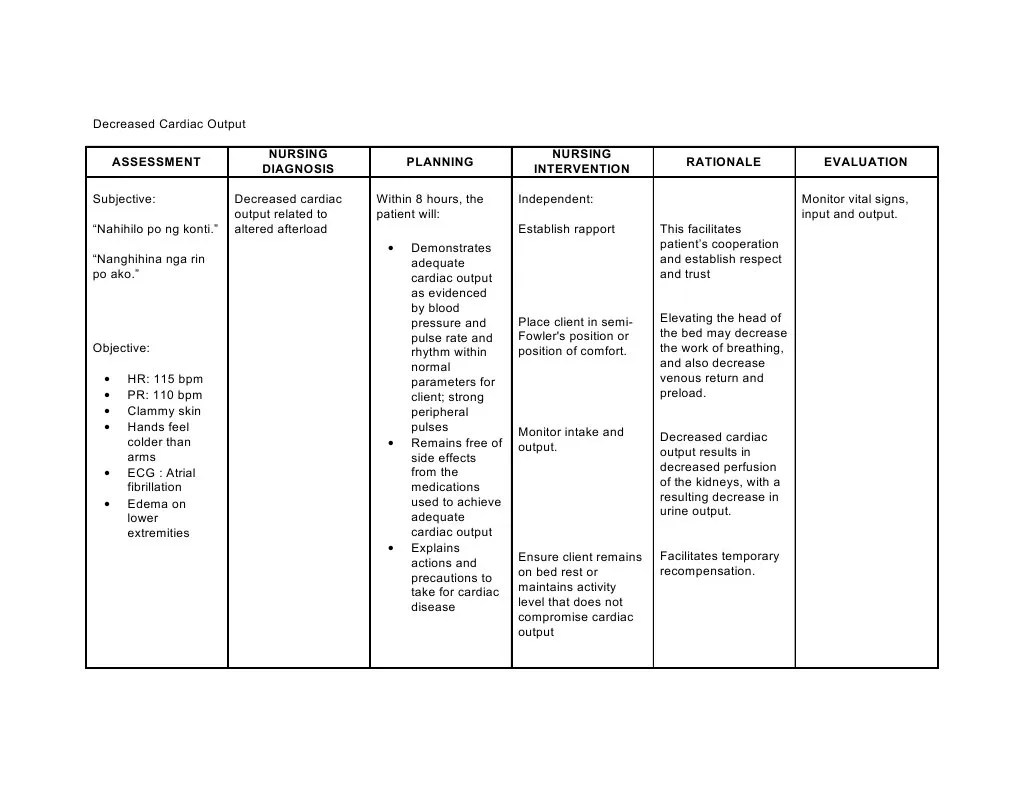 Decreased Cardiac Output NCP Heart Cardiovascular System