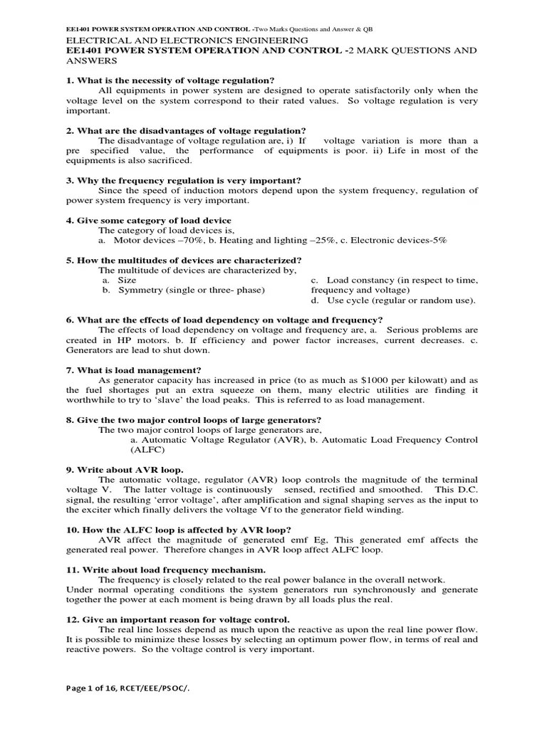 EE1401 POWER SYSTEM OPERATION AND CONTROL Two Marks Questions and
