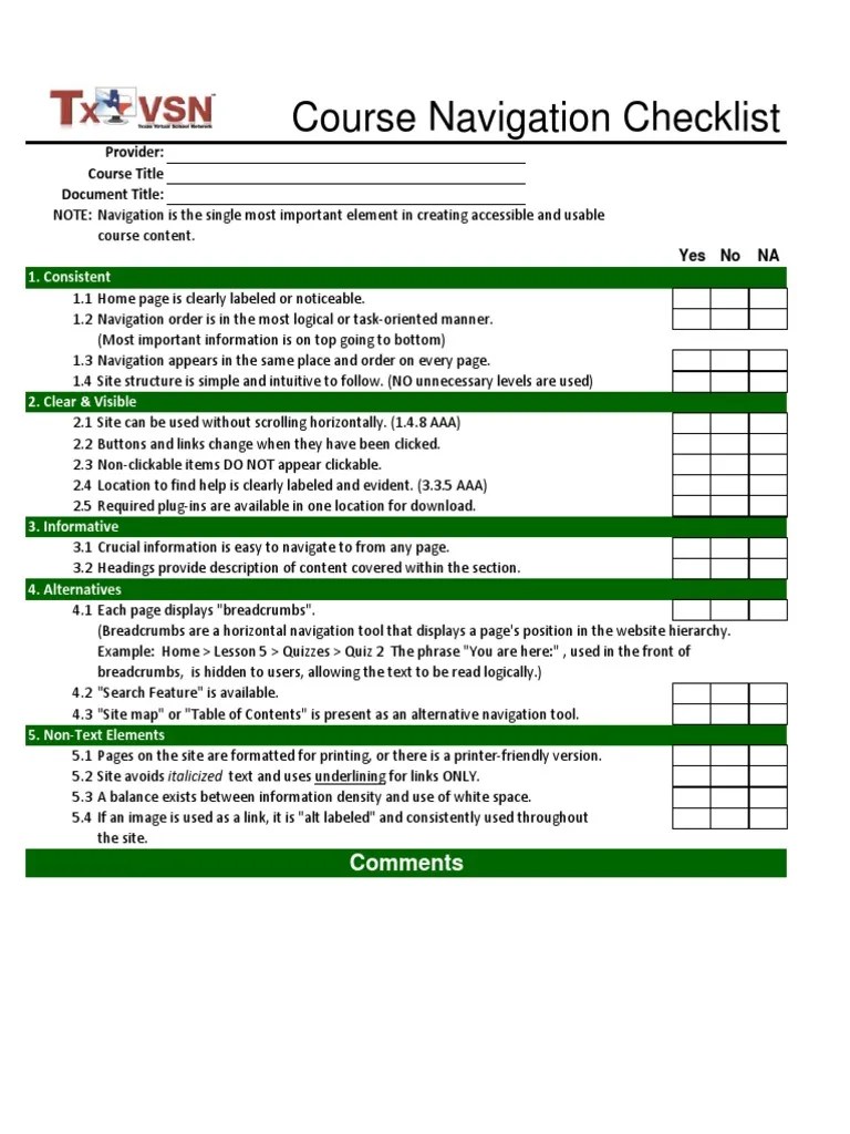 Course Navigation Checklist Provider Course Title Document Title PDF Accessibility Websites