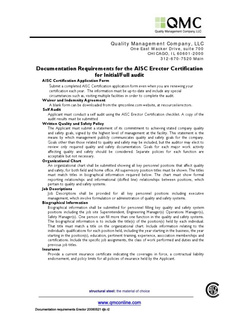 Documentation Requirements For The AISC Erector Certification For