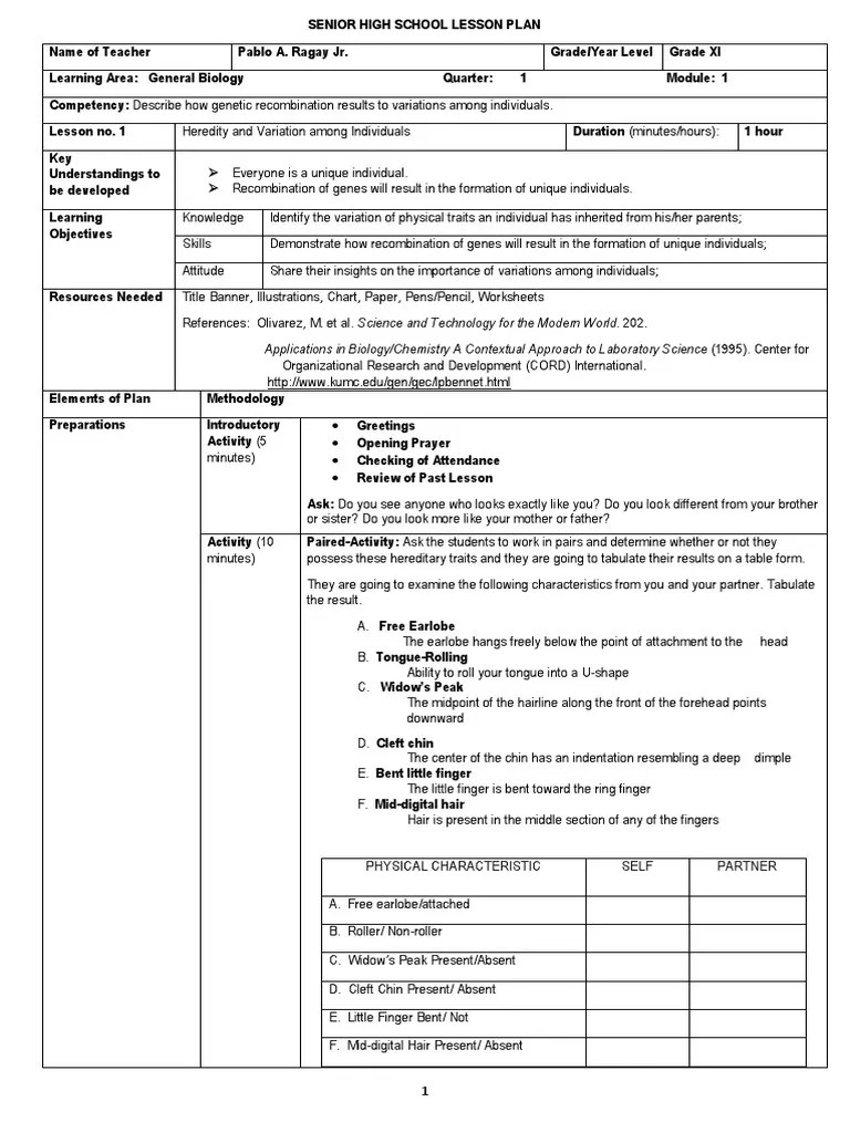 K12 Proposed Lesson Plan Template Dominance Zygosity