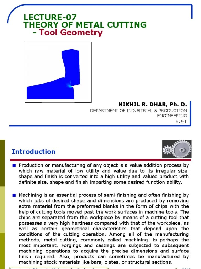 Lecture 07A Theory of Metal Cutting Tool Geometry Machining Metalworking