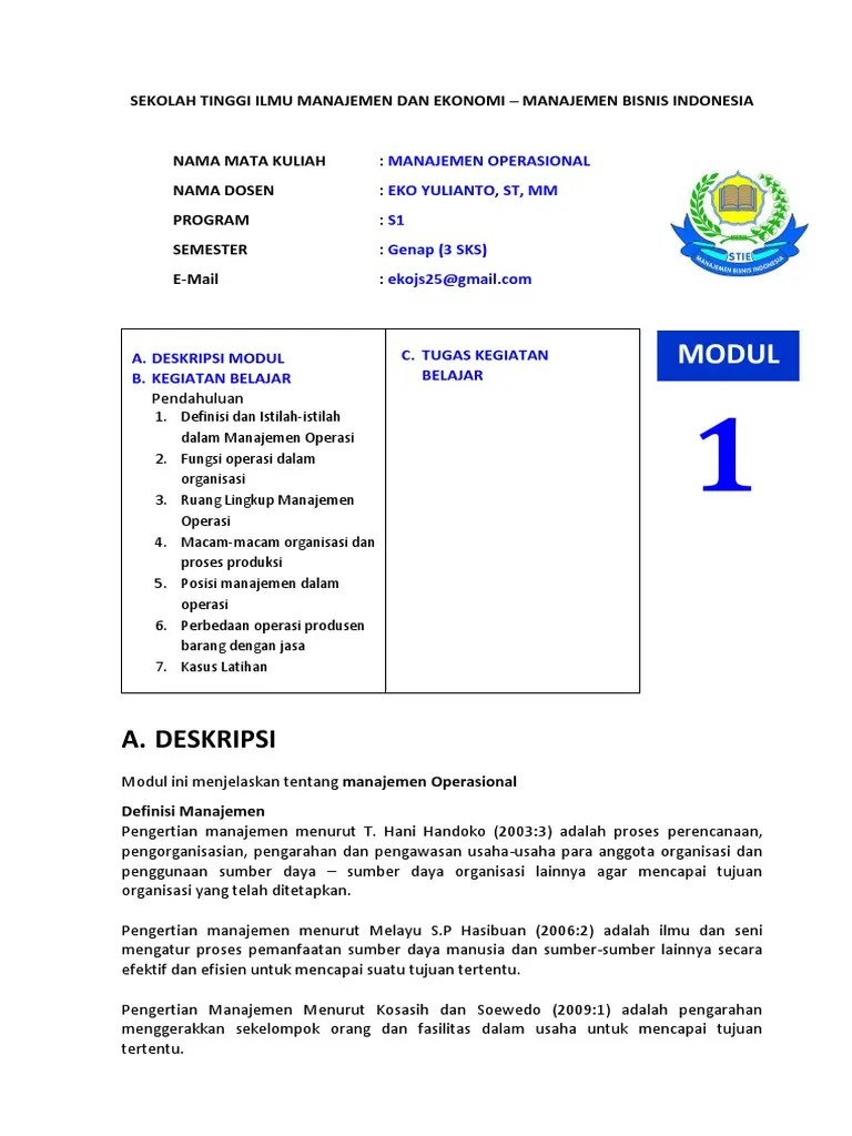 Modul Mata Kuliah - Manajemen Operasional - Pertemuan 1 | PDF
