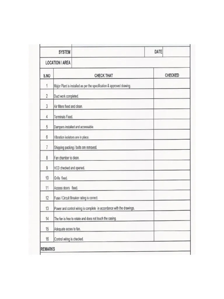 Pre Commissioning Check Test Sheet Fans