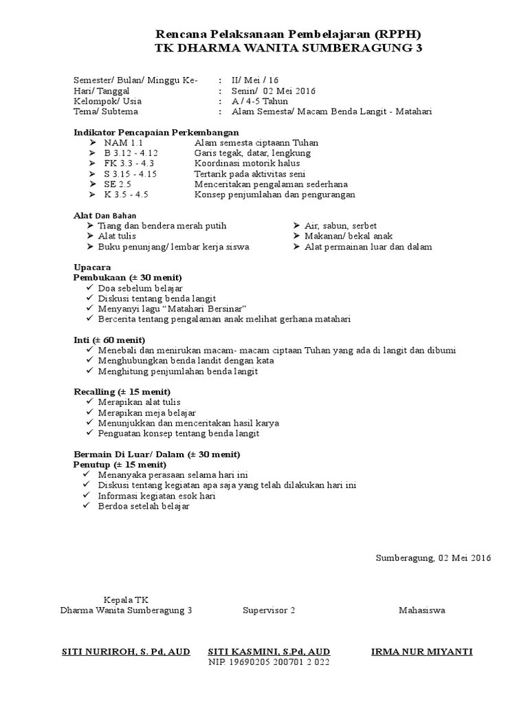 Contoh Rpph Paud Kurikulum 2013 Tema Alam Semesta