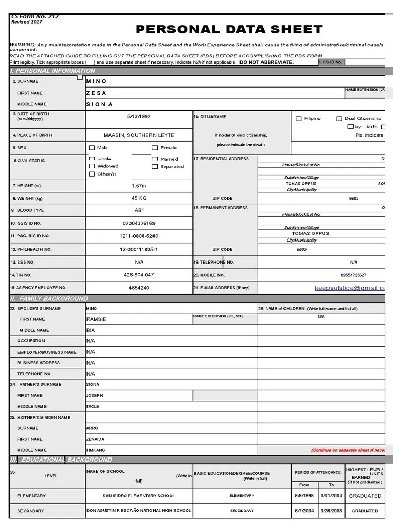 personal data sheet Secondary School Crimes