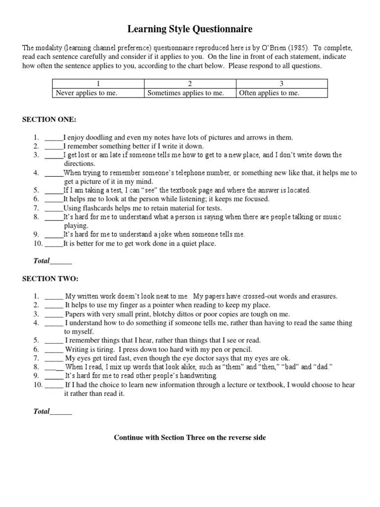 Learning Style Questionnaire PDF Learning Styles Learning