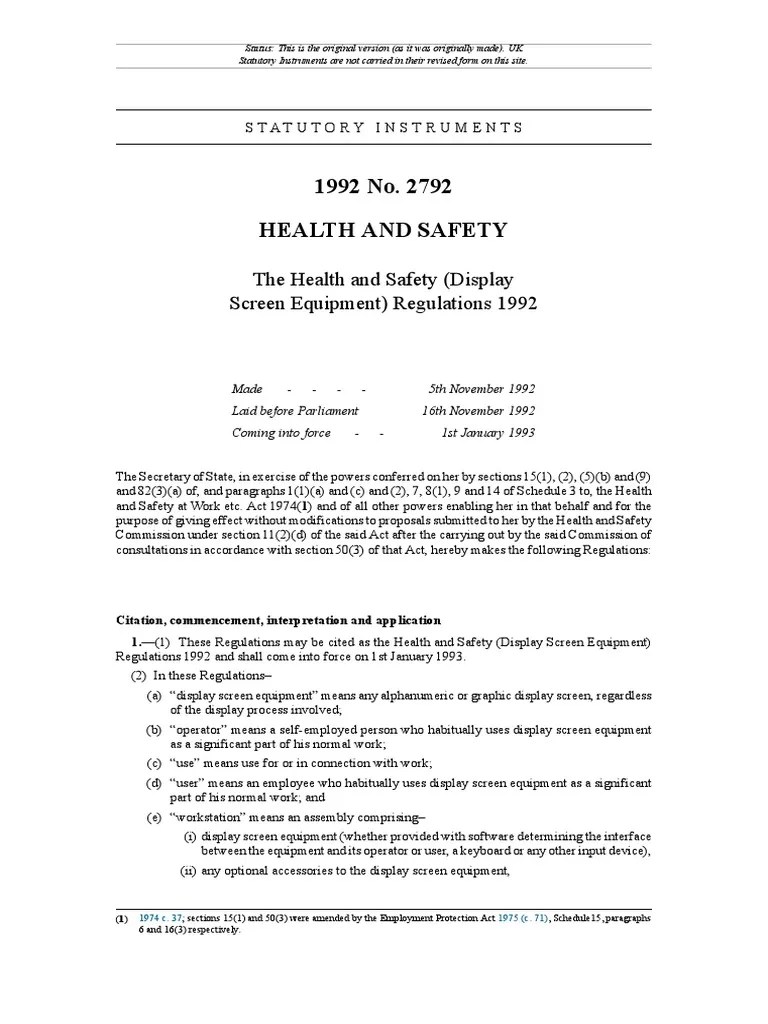 The Health and Safety (Display Screen Equipment) Regulations 1992 PDF