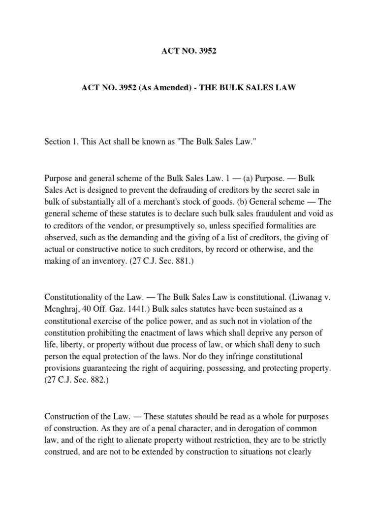 Act No. 3952 Bulk Sales Law PDF Mortgage Law Assignment (Law)