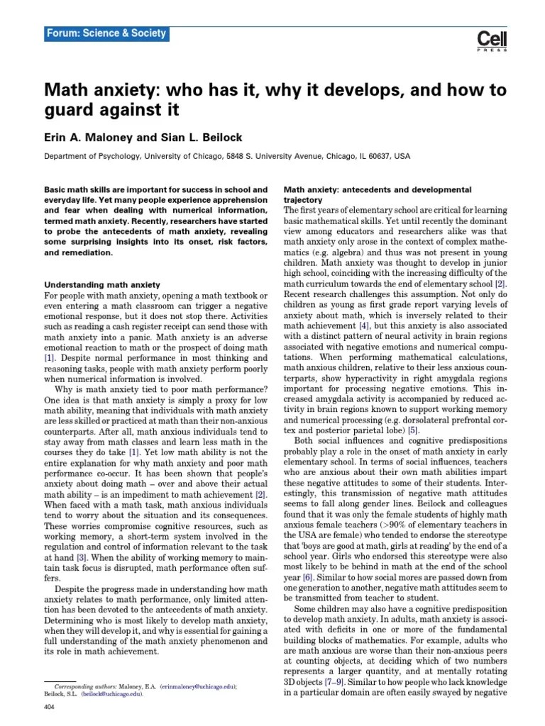 Math Anxiety PDF Anxiety Working Memory