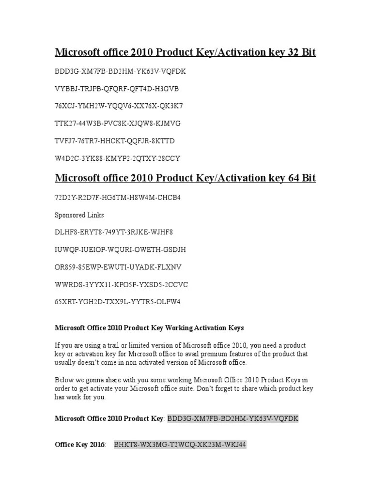 Microsoft Office 2010 Product Key PDF