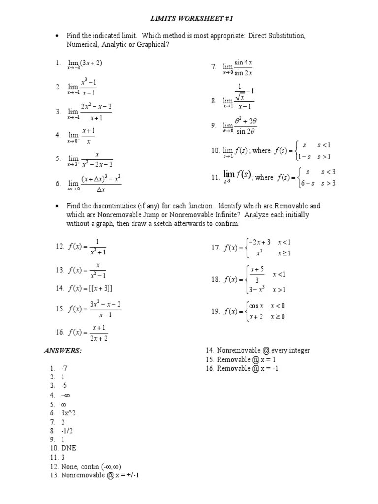 Limits and Continuity Worksheet PDF PDF Teaching Mathematics