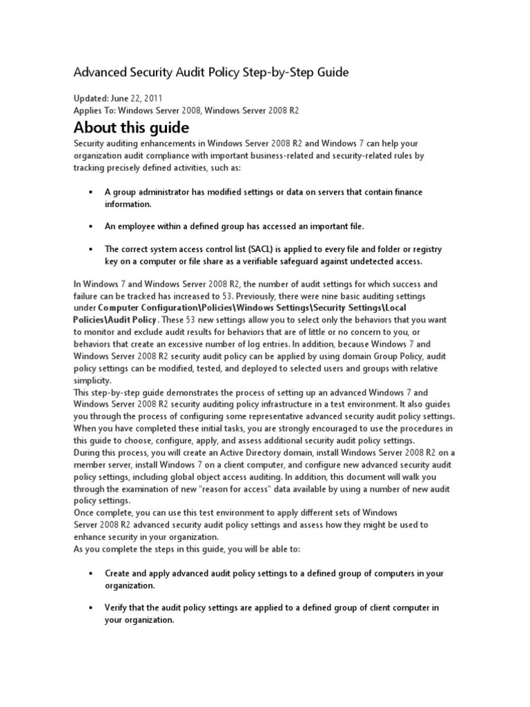 Advanced Security Audit Policy Step Group Policy Active Directory