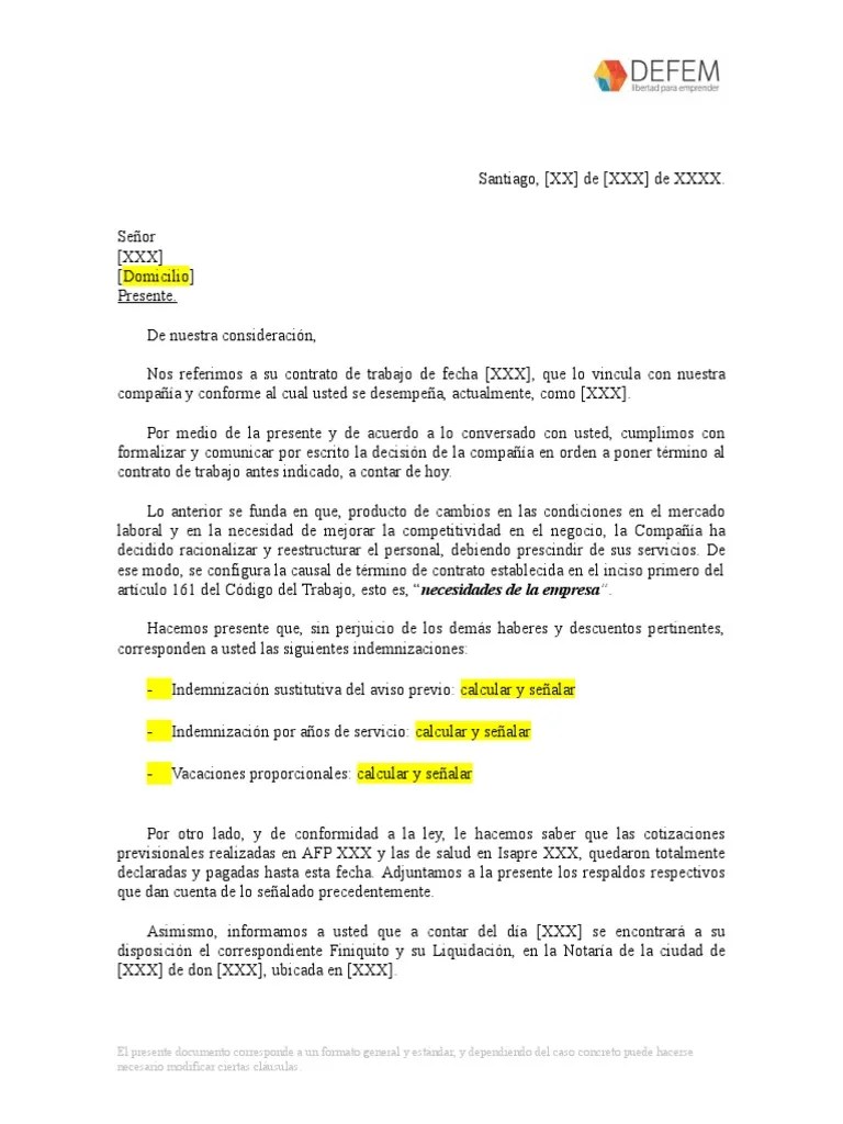 Carta de Despido Por Necesidades de La Empresa Negocios (general