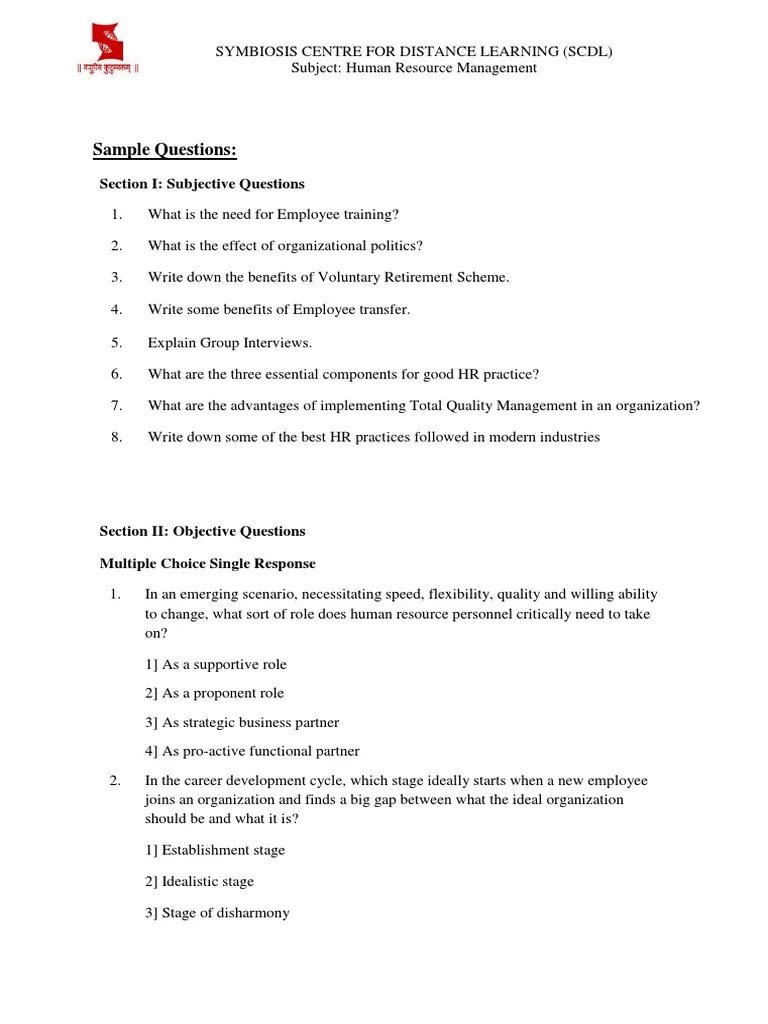 Sample Questions Human Resource Management PDF Performance