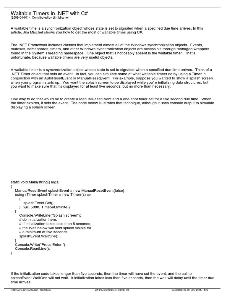 Waitable Timers in C C Sharp (Programming Language) Constructor