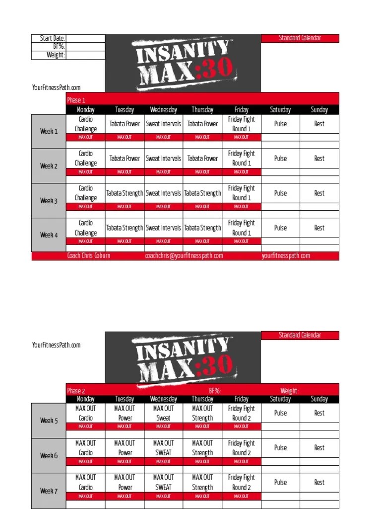 Insanity Max 30 Workout Calendar PDF Sports