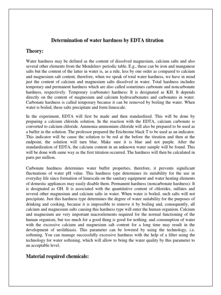 Determination of total hardness of water by EDTA titration. Titration