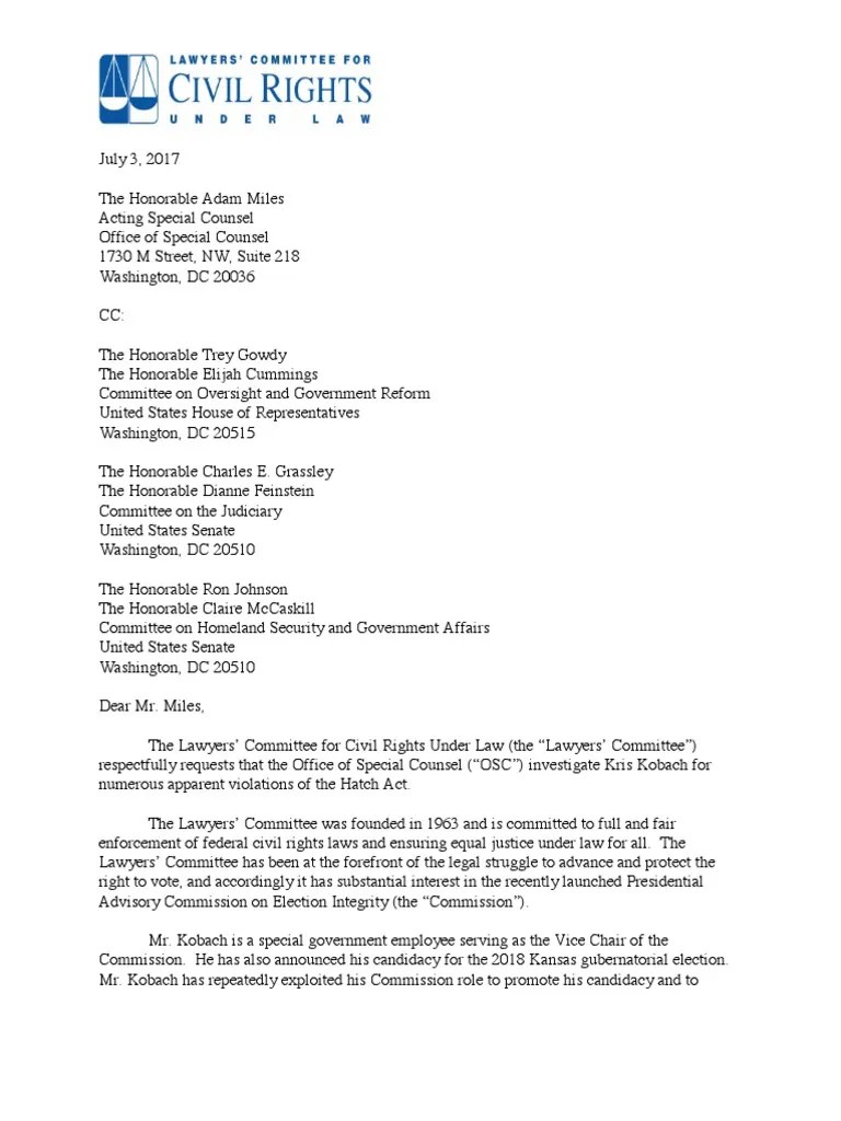Hatch Act Letter With Exhibits 7317 Kris Kobach Presidents Of The